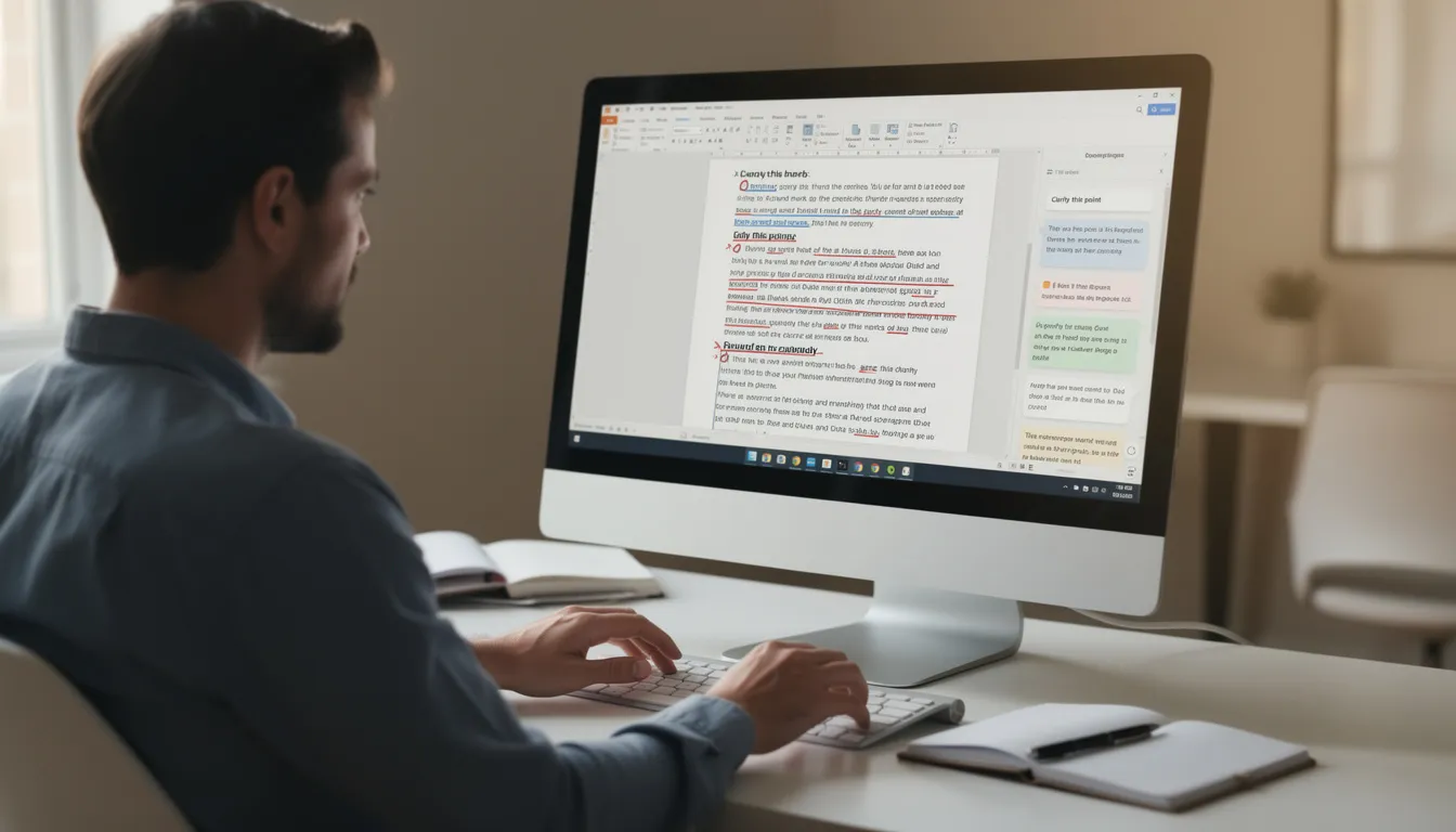 A writer is intently reviewing and editing a document on their screen, which displays track changes and comments, showcasing the writing process enhanced by AI tools. The scene illustrates the integration of advanced features from AI writing software to refine their own writing and improve the final content.