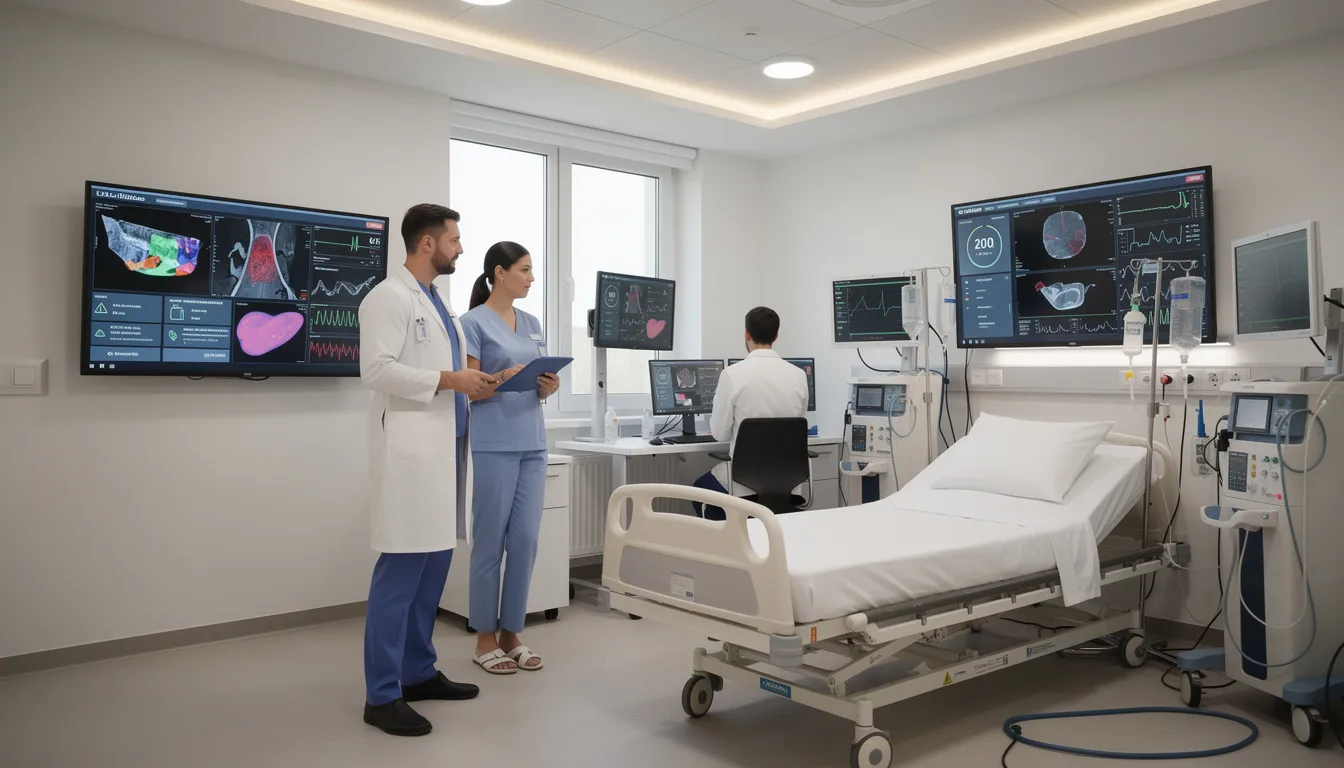 A modern hospital room is depicted, where medical professionals are engaged in reviewing AI-assisted diagnostic displays. The scene highlights the integration of advanced AI systems and tools in healthcare, showcasing how artificial intelligence is enhancing medical diagnostics and data analysis.
