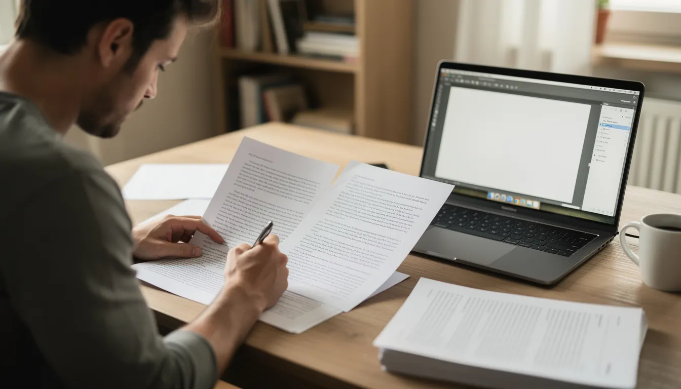 A writer sits at a desk, reviewing printed pages while a laptop displaying editing software is open beside them, illustrating the writing process and the use of advanced editing tools. The scene highlights the blend of traditional and digital methods in content creation, emphasizing the importance of refining one's own writing.