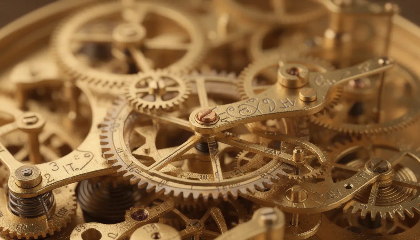 The image features an intricate brass clockwork mechanism, showcasing a complex arrangement of gears and mechanical parts, illuminated by warm lighting that highlights the craftsmanship and detail. This representation of engineering ingenuity may evoke thoughts of the intricate systems found in artificial intelligence and machine learning, where complex components work together to achieve intelligent behavior.