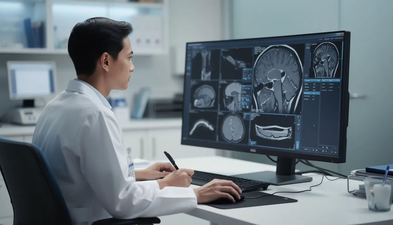 A medical professional is intently reviewing diagnostic images on a large monitor in a clinical setting, utilizing advanced ai technologies to analyze data and generate insights that could enhance patient care. This scene illustrates the intersection of human intelligence and artificial intelligence in the healthcare industry, showcasing how ai's ability to process vast quantities of data can aid in saving lives.