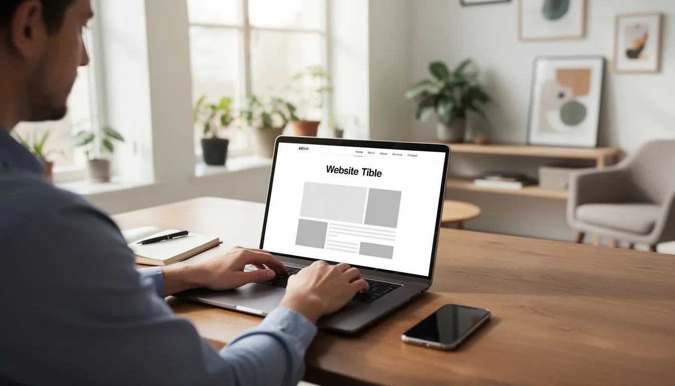 A person is seated at a modern desk in a stylish home office, focused on a laptop displaying a website draft. The screen showcases an ai website design generator in action, highlighting the ease of creating a professional website without needing technical skills.