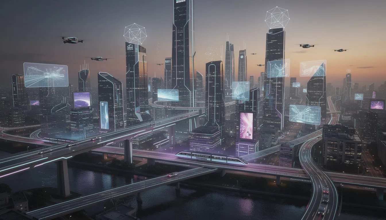 The image depicts a futuristic city skyline at dusk, illuminated by vibrant lights and integrated technology elements that suggest advancements in artificial intelligence. Skyscrapers are adorned with digital displays and AI systems, reflecting a blend of innovation and the ethical considerations surrounding AI development in everyday life.