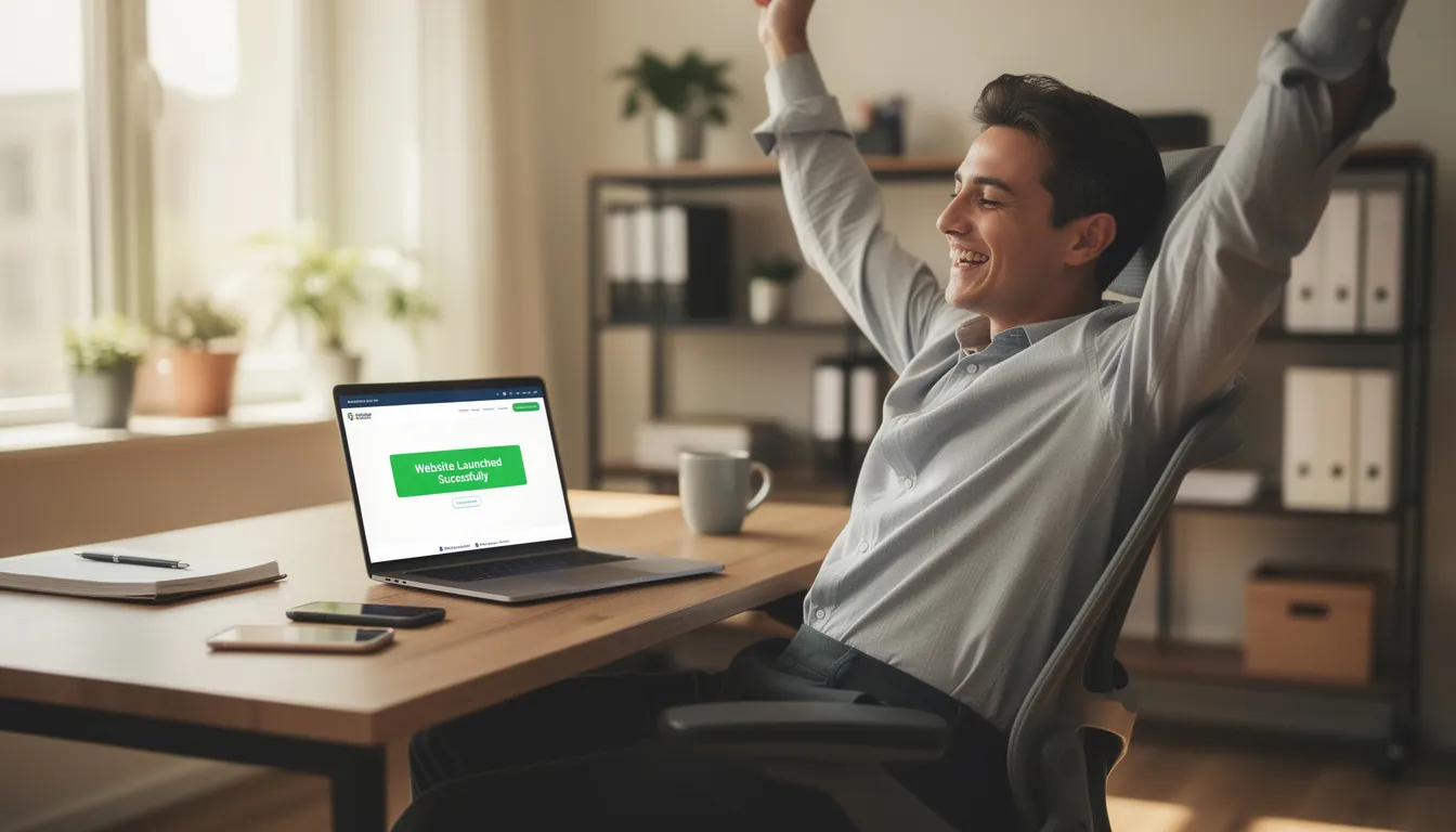 A person is joyfully celebrating at their desk, with a laptop displaying a successfully launched, fully functional website. The scene conveys the excitement of using an ai website builder to create a stunning website without needing technical skills.