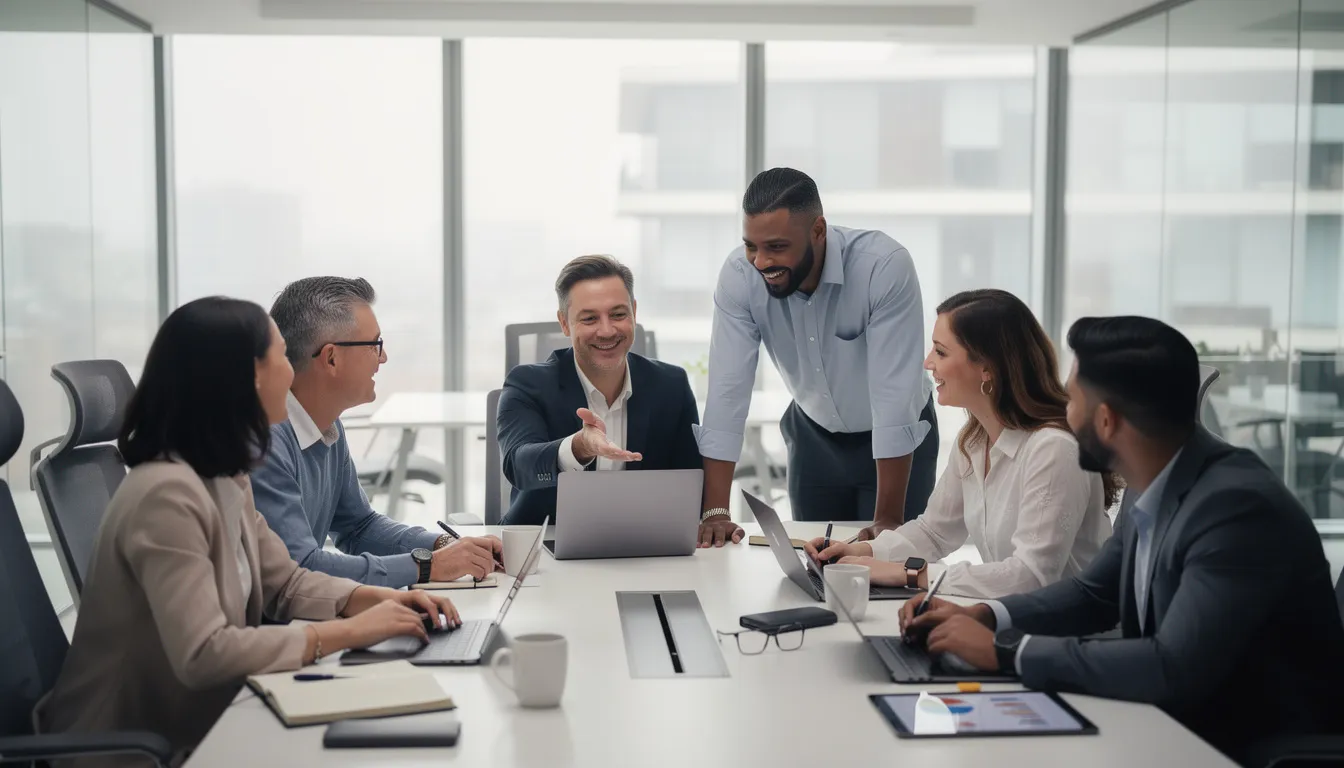 A diverse team of professionals collaborates around a conference table, each engaged with their laptops as they share ideas and insights. This scene captures the essence of teamwork and innovation, highlighting the importance of collaboration in today's business environment.