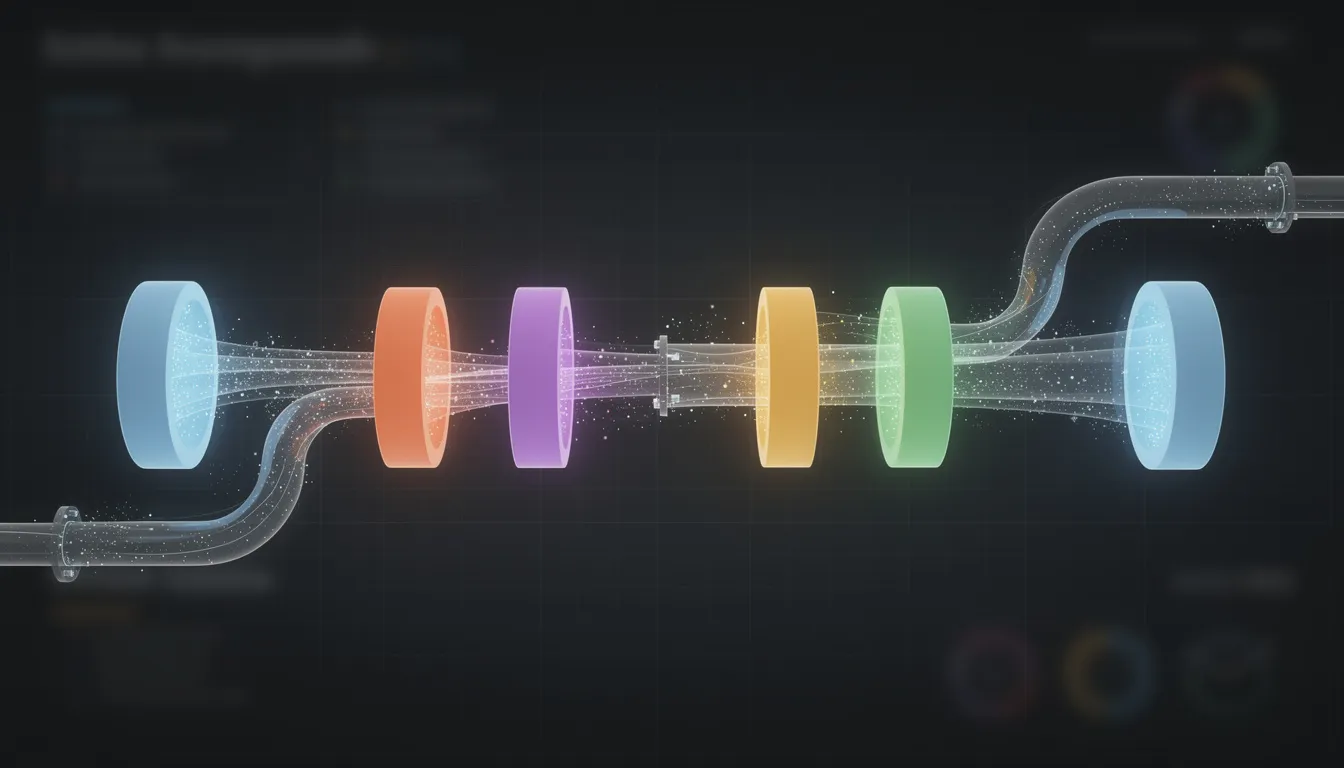The image depicts a flowing pipeline with multiple connected stages represented as containers or nodes, illustrating the AI model training process. Each node symbolizes different stages of training AI models, showcasing the iterative process of refining outputs and recognizing patterns using various types of data, including labeled and unlabeled data.