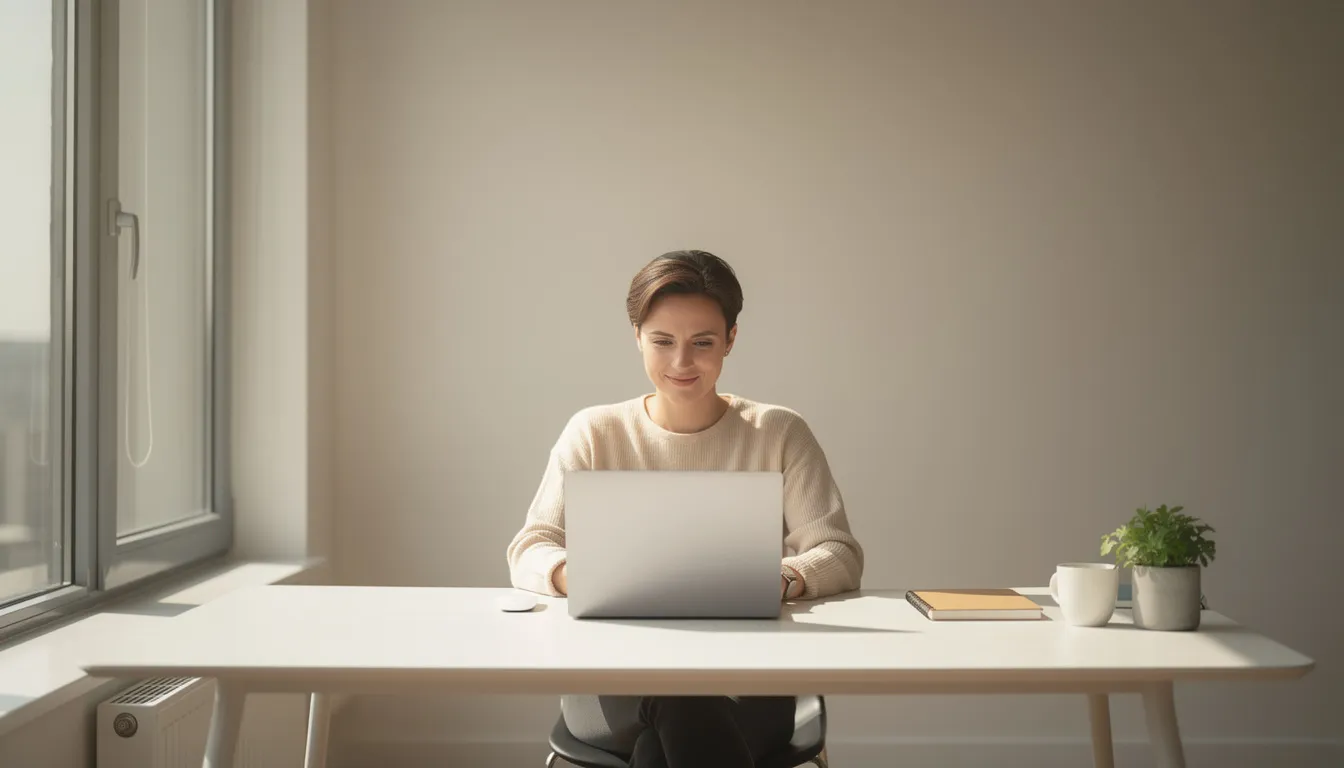 A person sits at a clean and organized desk, focused on a single laptop in a calm workspace illuminated by natural light. This serene environment reflects the balance between human intelligence and the emerging presence of AI systems in our everyday life.
