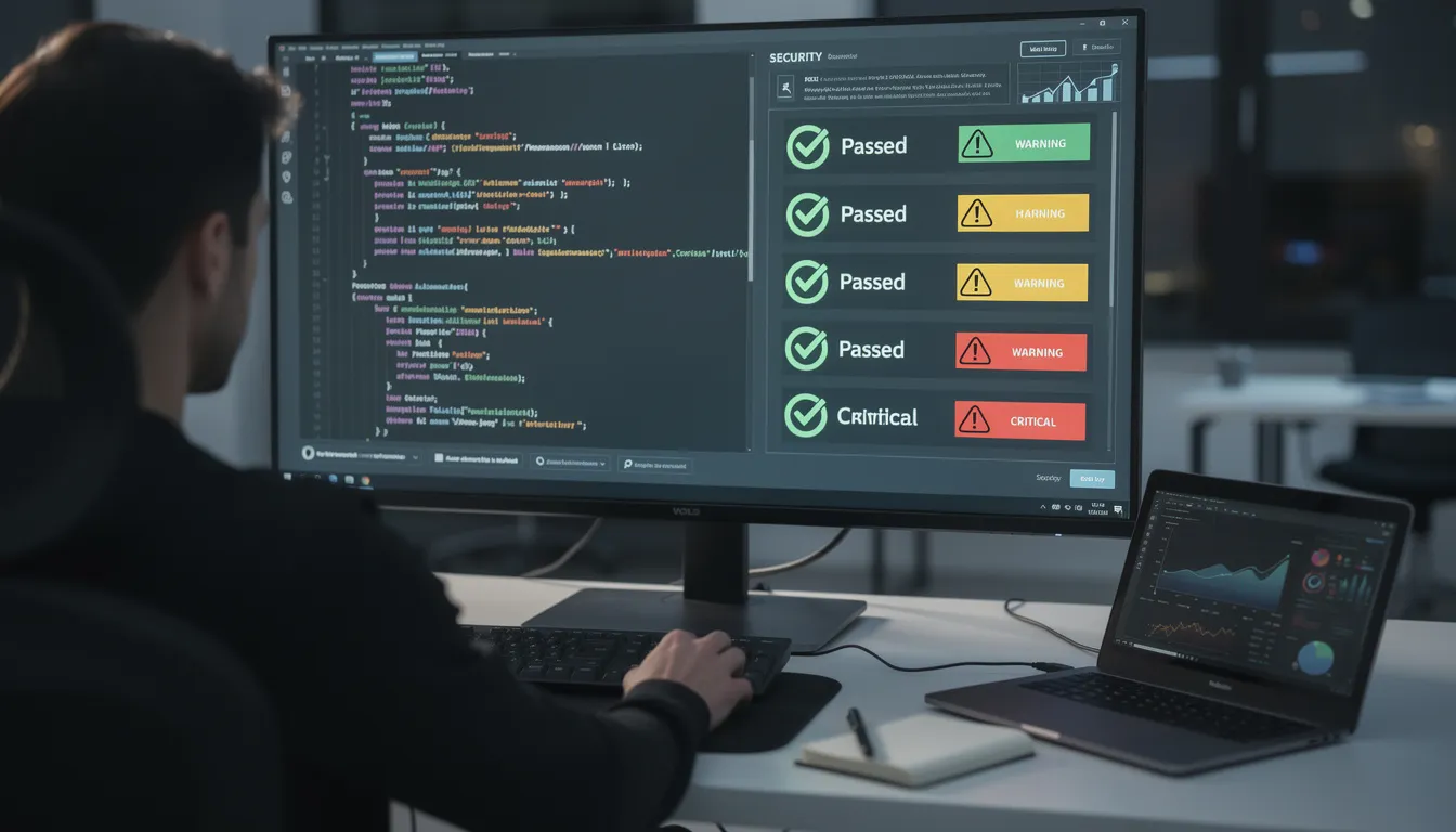 An individual is reviewing code on a computer screen, where security checkmarks and warning indicators highlight the status of the code. The scene illustrates the use of AI coding tools for code reviews, emphasizing the importance of error detection and coding efficiency in the development process.