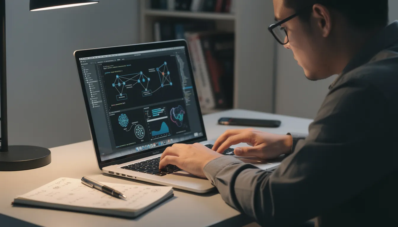 A person is focused on studying artificial intelligence concepts on a laptop, where code and diagrams related to machine learning and deep learning are visible on the screen. The scene illustrates the exploration of AI tools and techniques, highlighting the importance of gaining hands-on experience in data science and AI applications.