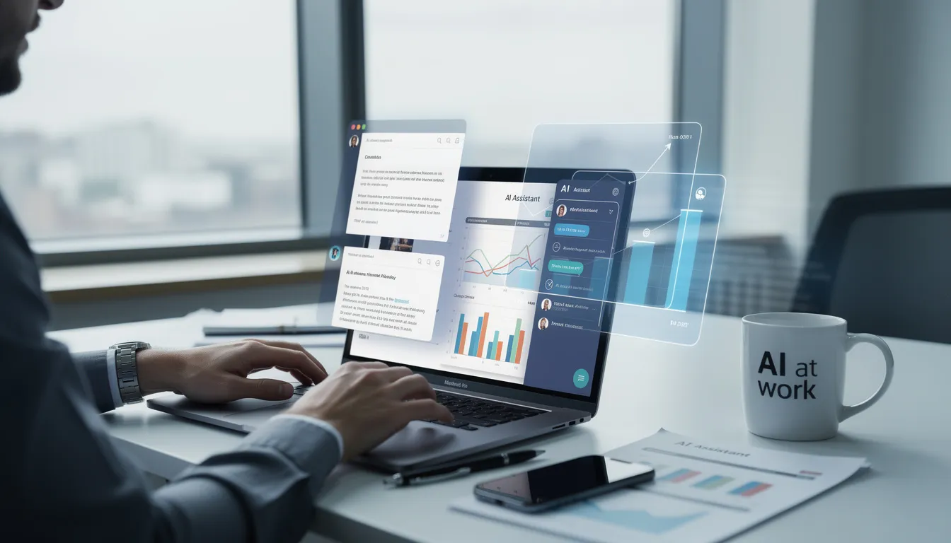 A person is seated at a desk, working intently on a laptop that displays various documents and charts, while utilizing an AI chatbot to assist with tasks and enhance productivity. The scene illustrates the integration of technology in managing customer interactions and automating repetitive tasks for improved efficiency.