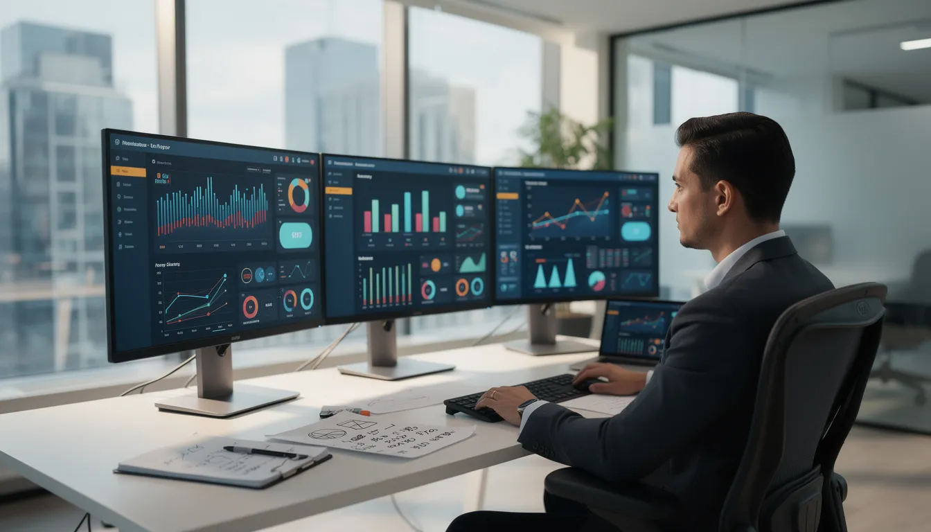 A professional is intently reviewing data dashboards displayed on multiple monitors in a modern office environment, showcasing advanced analytics and machine learning models used by top AI companies to enhance business operations and digital transformation. The setup reflects a focus on technology and innovation, enabling employees to make informed decisions based on real-time data.