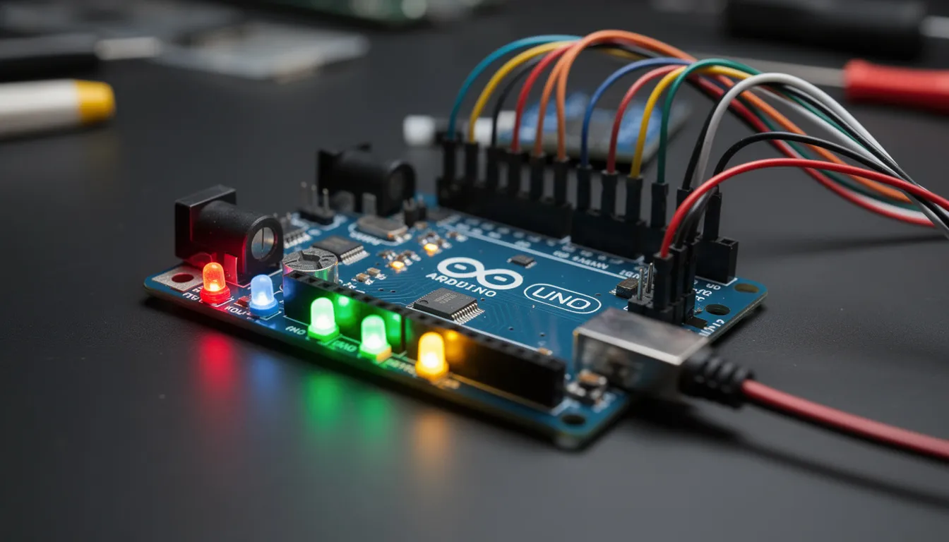 An Arduino microcontroller board is displayed, featuring vibrant LED lights and various sensor wires connected, showcasing its role in electronic arts and prototyping projects. This setup exemplifies the integration of programming languages and visual context, ideal for creating interactive graphics and animations.