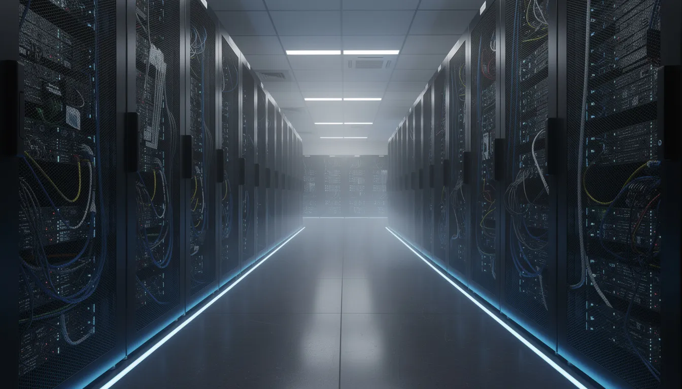 The image depicts a modern data center filled with rows of sleek servers illuminated by blue lighting, showcasing the infrastructure that supports artificial intelligence technologies and applications. This environment reflects the rapid growth of AI adoption across various industries, highlighting its role in enhancing business operations and driving innovation.