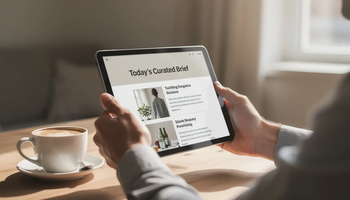 A professional is reading a curated newsletter on a tablet while enjoying a cup of coffee in a calm setting, highlighting the importance of business insights and data analysis for competitive advantage in today's digital transformation. The scene reflects a focus on integrating AI tools and strategies to enhance operational efficiency and automate repetitive tasks for small business owners.