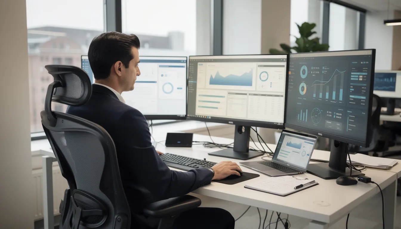 A professional is seated at a desk surrounded by multiple monitors displaying various data and documents, illustrating a busy work environment focused on analyzing information and developing business strategies. The setup highlights the use of advanced technology, possibly involving AI systems like chatgpt, to enhance productivity and decision-making.