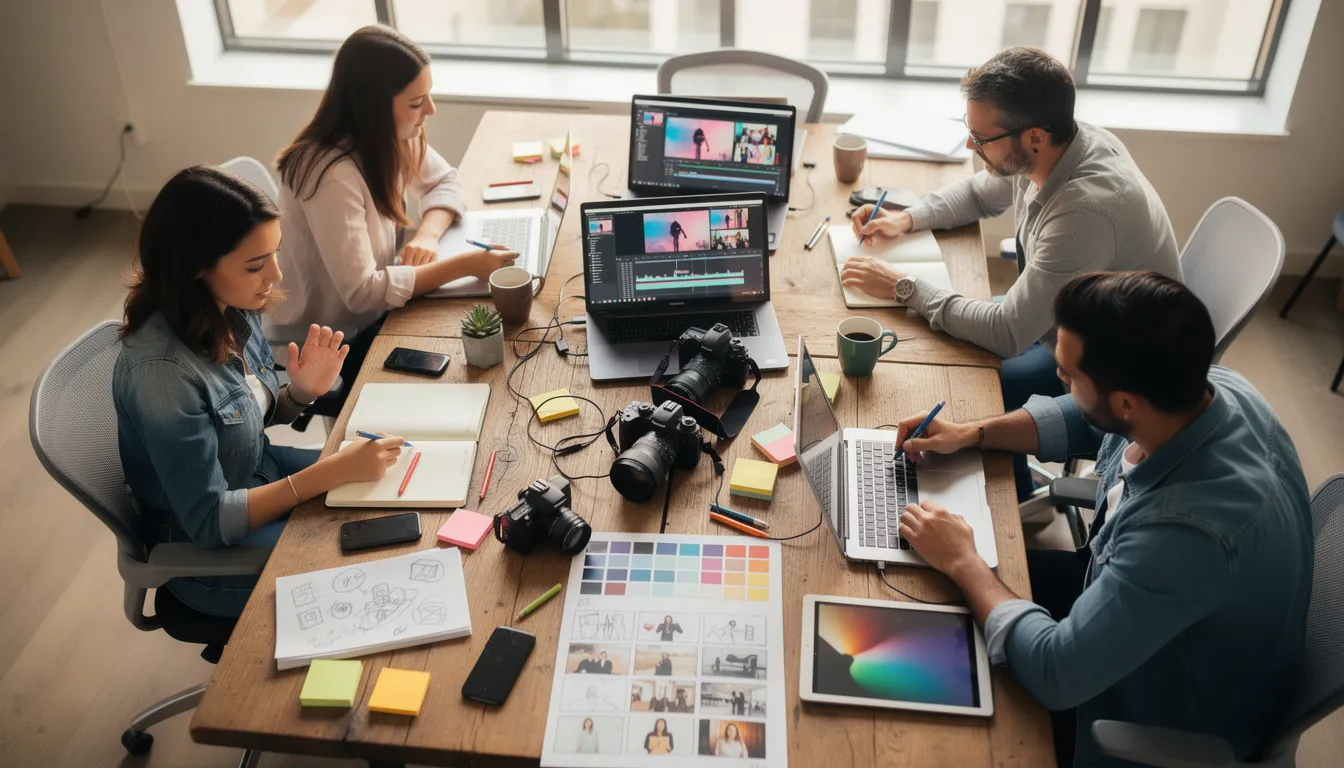 A diverse team of content creators collaborates around a table, equipped with laptops and various creative materials, as they engage in the content creation process. They utilize AI tools to generate high-quality output and brainstorm ideas for blog posts, videos, and on-brand content that resonates with their target audience.