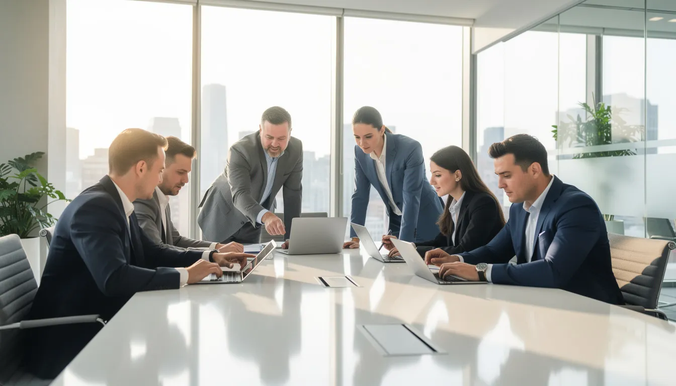 The image depicts a diverse group of professionals in a modern office setting, engaged in reviewing documents on tablets and laptops, reflecting collaboration in the context of AI legislation and governance. The scene conveys a sense of focus and teamwork, as they discuss topics related to state AI laws and federal regulations.