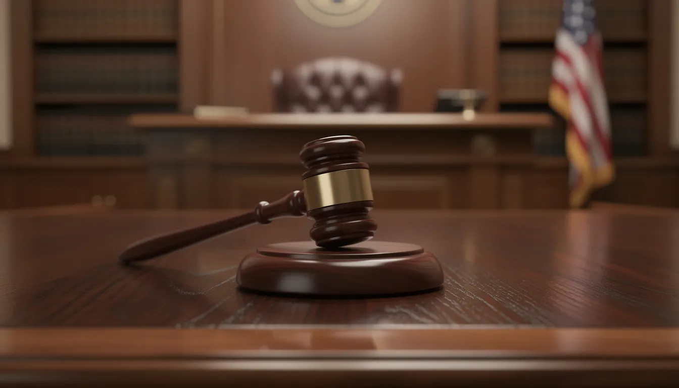 The image depicts a judge's gavel resting on a polished wooden desk within a formal courtroom, symbolizing the intersection of justice and authority. This setting reflects the serious nature of legal proceedings, highlighting the importance of technology and data in shaping future legal frameworks.
