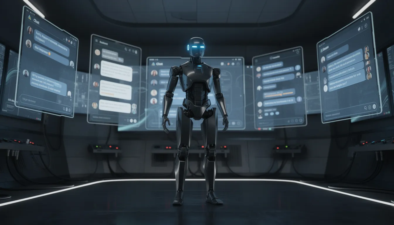 A humanoid robot with glowing eyes stands in a dimly lit room filled with screens displaying various chat interfaces, embodying the intersection of artificial intelligence and human creativity. This sci-fi movie-like scene highlights the intriguing potential of AI technology and its impact on future conversations.