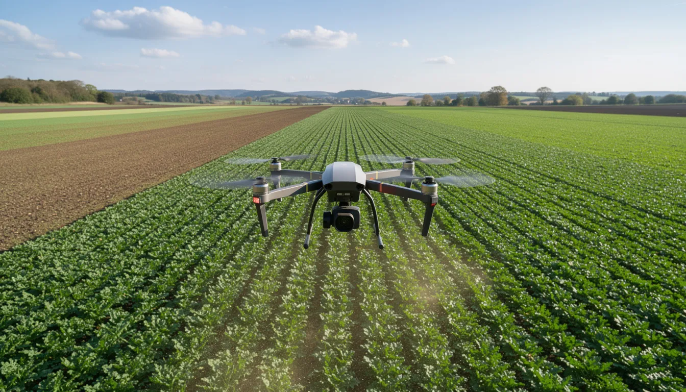 An agricultural drone equipped with advanced AI technologies is soaring over lush green farmland during the day, showcasing its ability to automate complex tasks and enhance operational efficiency in farming. This AI-powered tool represents a significant innovation in agriculture, helping to analyze data and improve decision-making processes while minimizing human error.