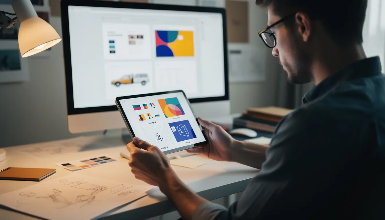 A creative professional is reviewing AI-generated design concepts on a tablet, utilizing advanced AI technology to analyze data and make informed decisions. This scene highlights the intersection of human intelligence and generative AI in the creative process.