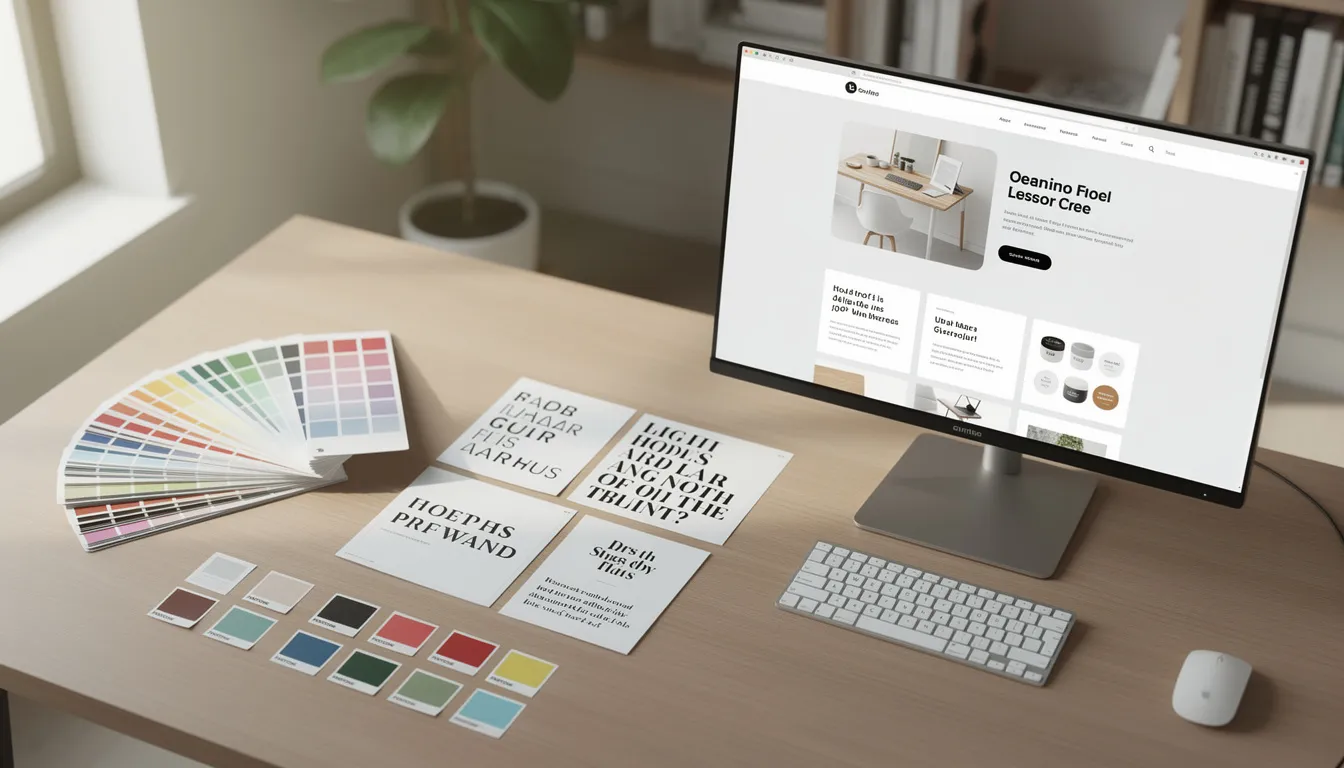 The image depicts a designer's workspace featuring an array of colorful swatches and typography samples, with a large monitor displaying a website mockup. This setup showcases the creative process involved in using an AI website builder to create stunning, fully functional websites tailored to specific design preferences.