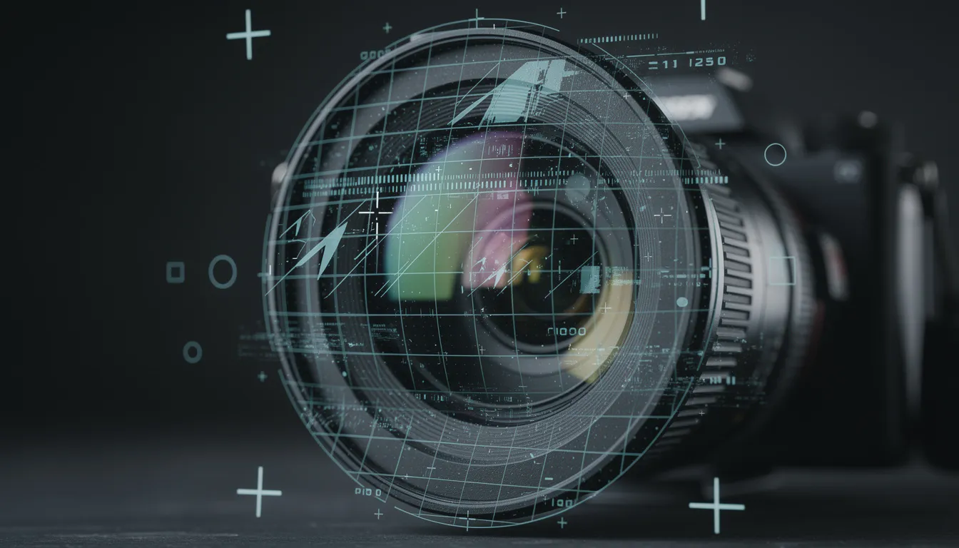 The image features a camera lens overlaid with a digital grid, symbolizing the concept of computer vision processing in artificial intelligence. This visual representation hints at the integration of machine learning algorithms and neural networks for analyzing input data and solving real-world problems.