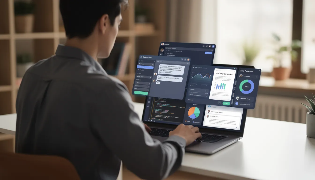 A person is seated at a desk, focused on a laptop displaying multiple interfaces of AI tools, showcasing various applications of artificial intelligence, such as data analysis and natural language processing. The scene illustrates the integration of AI technology into everyday life, emphasizing the role of AI systems in performing complex tasks and enhancing human intelligence.