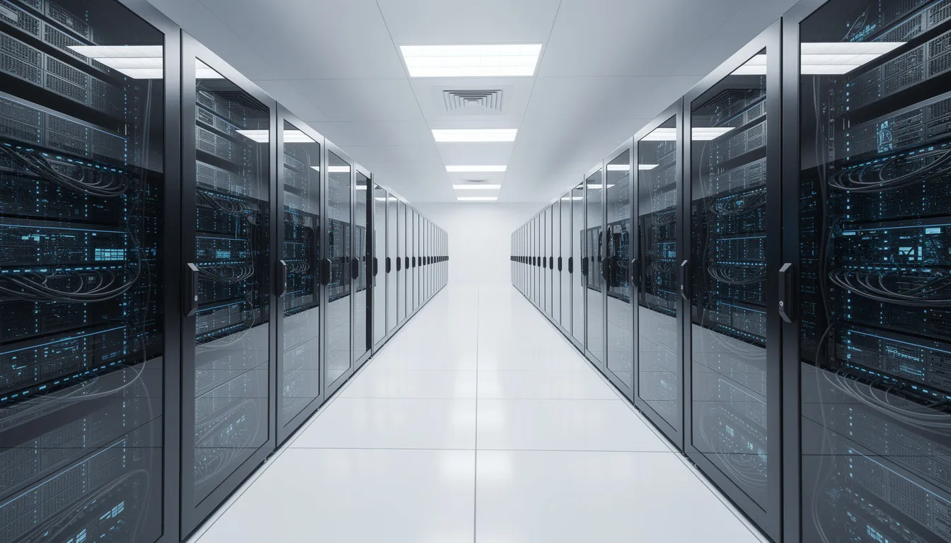 The image depicts rows of modern server racks illuminated by blue LED lights in a data center, showcasing the advanced computing machinery that supports artificial intelligence and machine learning technologies. This environment is crucial for processing big data and powering intelligent systems used in various applications, including natural language processing and computer vision.