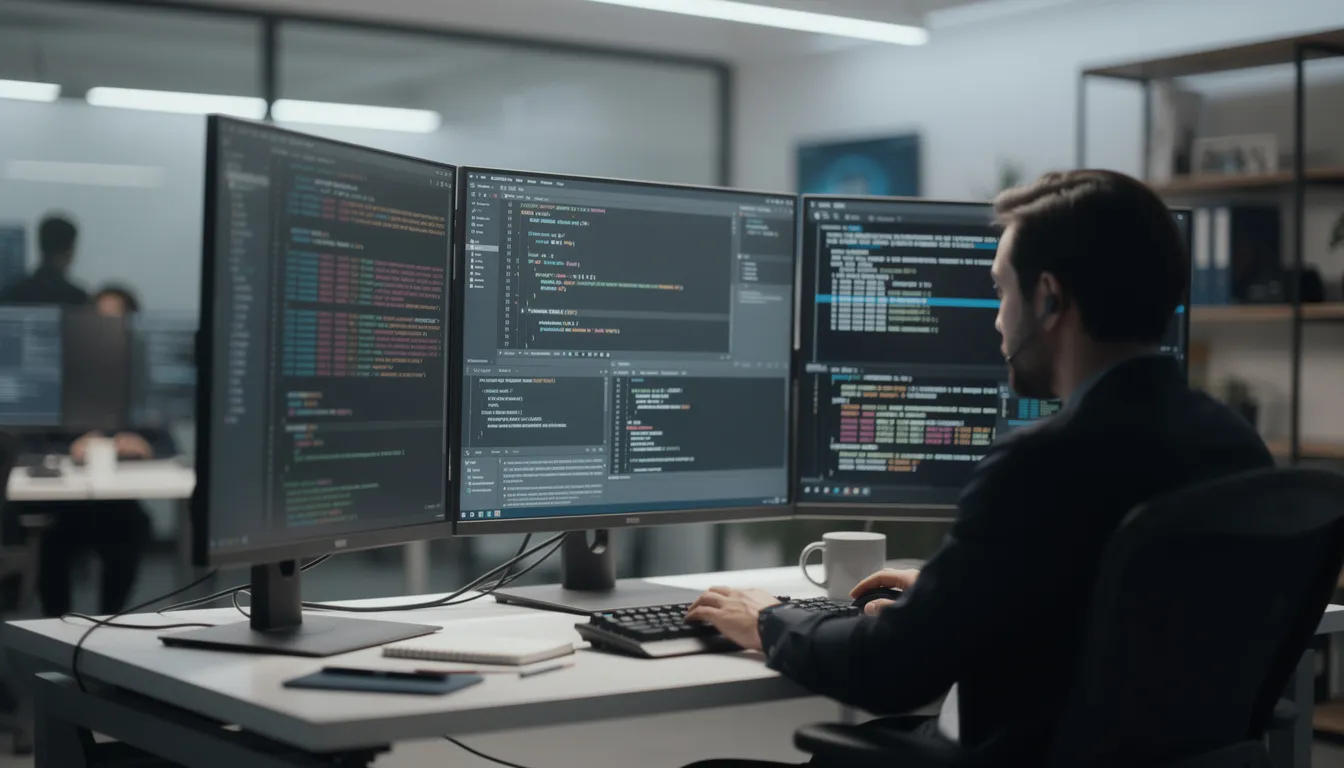 A developer is seated at a desk surrounded by multiple monitors displaying lines of code and terminal windows, illustrating a focused workspace for tackling complex tasks. The setup reflects the use of advanced technology, potentially integrating tools like Google AI and Gemini apps for efficient project management and creative development.