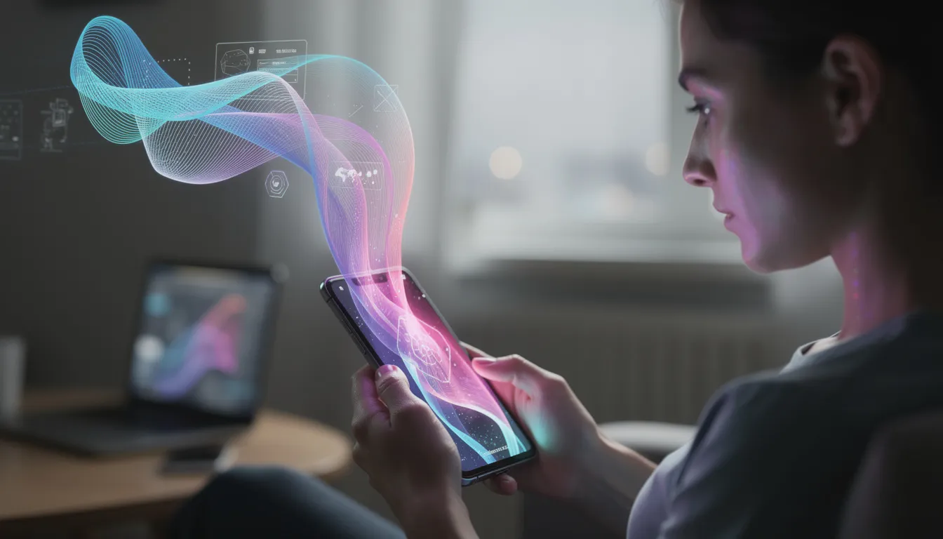 A person is using a smartphone, with a colorful digital assistant visualization emerging from the screen, showcasing the capabilities of generative AI tools like Google AI. The interactive visuals represent various tasks such as brainstorming ideas, creating mockups, and simplifying complex topics, highlighting the innovative features of the Gemini app experience.