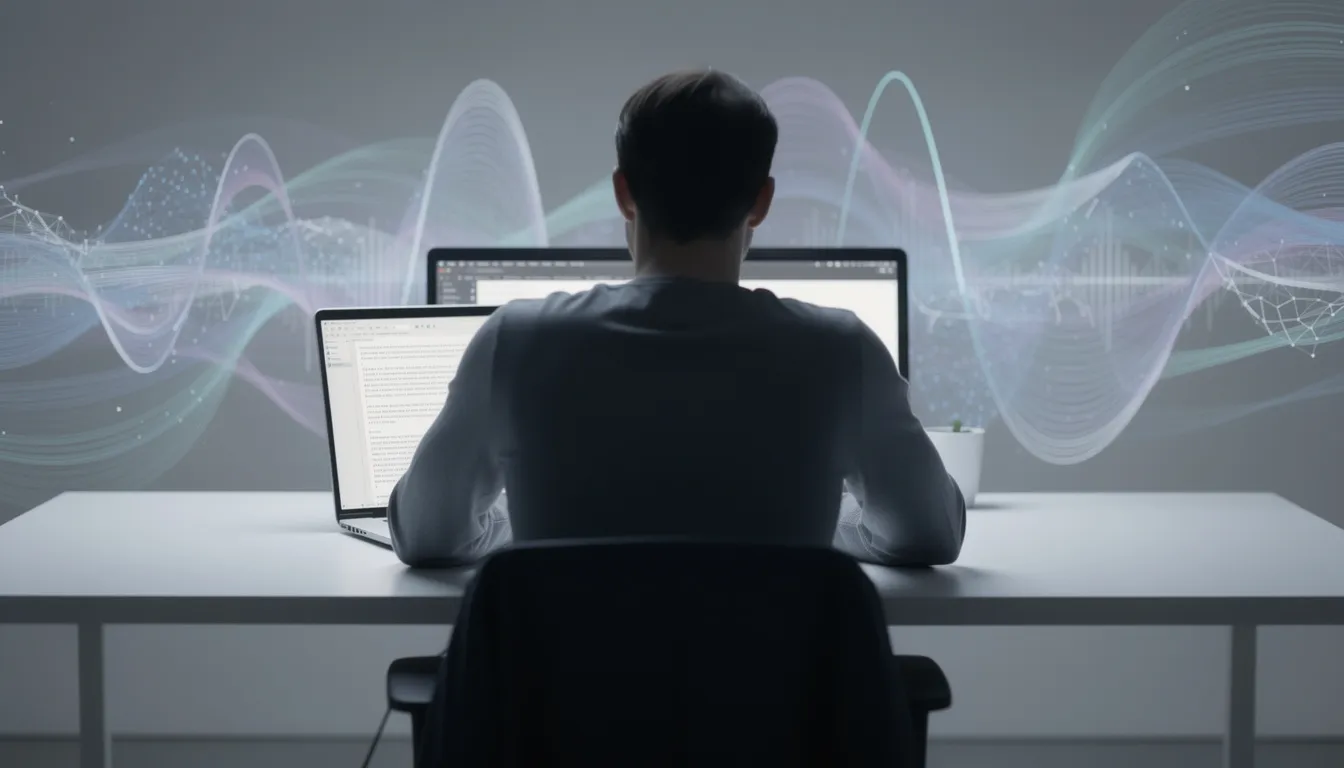 A person is seated at a desk, intently focused on a laptop screen that displays a text generation interface. In the background, abstract flowing lines symbolize data and natural language processing, illustrating the dynamic writing process facilitated by AI writing tools and technology.