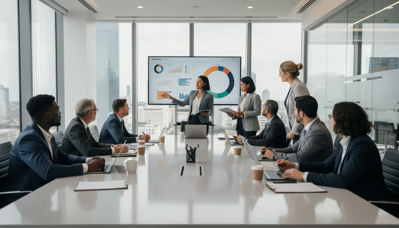 A diverse group of professionals is engaged in a collaborative discussion in a conference room, sharing insights on artificial intelligence and its applications in fields like computer science and machine learning. They are exploring concepts related to AI models, deep learning, and problem-solving strategies to achieve specific goals in their research.