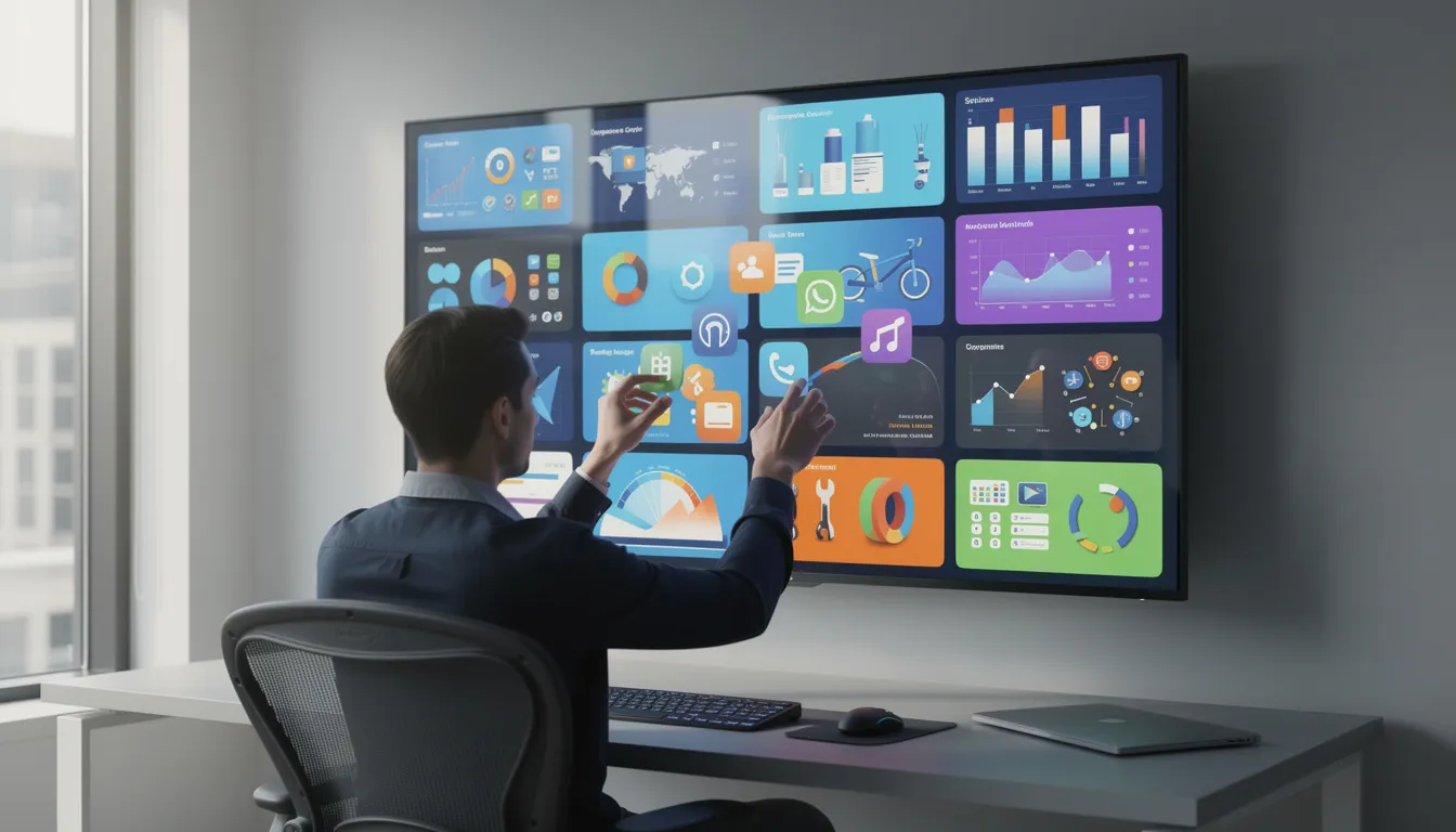 The image shows a person at a desk, intently organizing various colorful app icons and tools displayed on a large screen, which likely includes features related to artificial intelligence and generative AI. The scene emphasizes the integration of AI tools for project management and task organization.