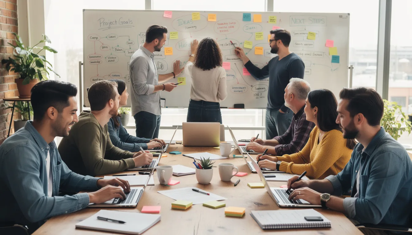 The image depicts a collaborative workshop where individuals from diverse backgrounds are engaged in teamwork at a table, utilizing laptops and whiteboards. This setting highlights the importance of ethical AI development and the role of diverse perspectives in addressing the ethical implications of AI technologies.