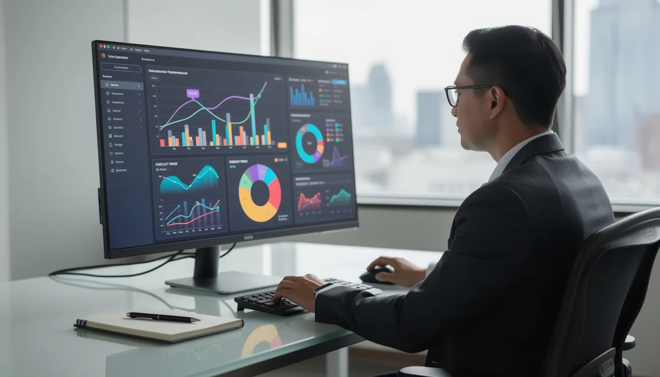 A professional is seated at a desk, intently focused on a computer screen displaying various data visualizations and charts, which likely represent complex tasks analyzed through machine learning algorithms. The setting suggests a data-driven environment where insights are derived from data analysis, reflecting the integration of artificial intelligence tools in decision-making processes.