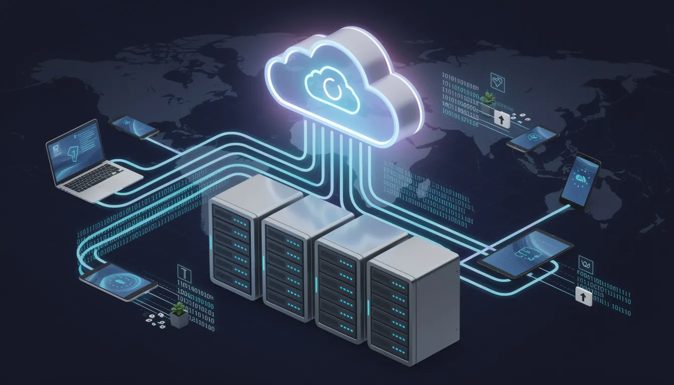 The image depicts a cloud computing visualization featuring interconnected servers with data flowing seamlessly between various devices. This representation highlights the integration of artificial intelligence and technology, illustrating how AI-powered tools enhance business performance and support developers in creating innovative applications.