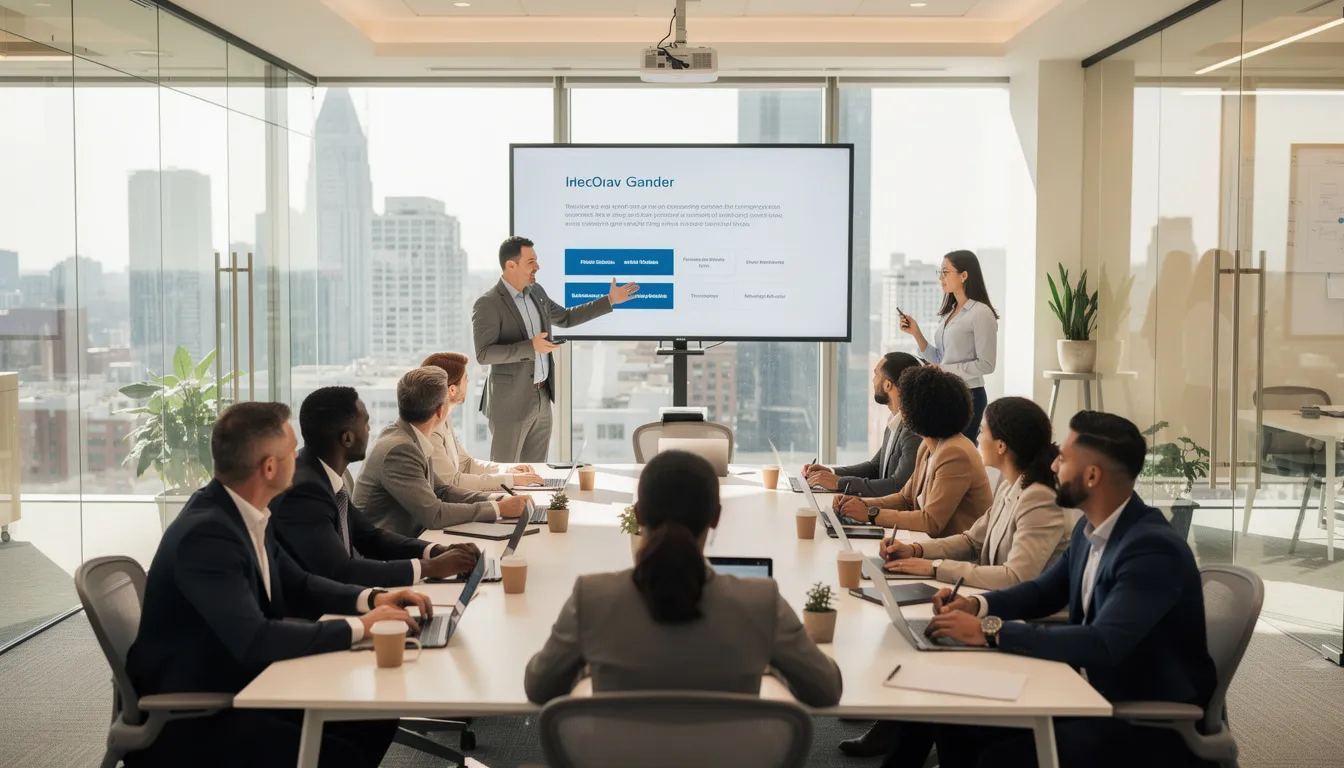 The image shows employees engaged in a professional training workshop within a modern office environment, focusing on the use of AI tools and technologies. Participants are actively discussing ethical considerations and risk management related to artificial intelligence applications.