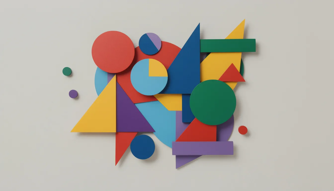 The image features a vibrant arrangement of colorful geometric shapes, including circles, rectangles, and triangles, displayed on a canvas, representing the visual context of interactive graphics created using a programming language like Processing. This composition illustrates the principles of drawing shapes and the artistic potential of coding in visual arts.