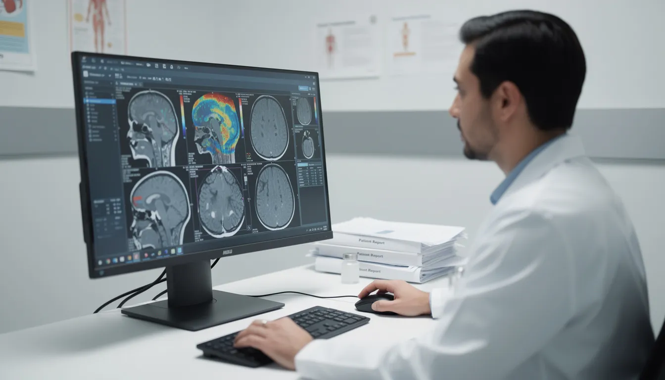 A medical professional is intently reviewing diagnostic imaging on a large monitor in a clinical setting, utilizing advanced technologies like computer vision and artificial intelligence to enhance data analysis and improve patient outcomes. This scene illustrates the application of machine learning techniques in healthcare, showcasing how data-driven insights can support clinical decision-making.
