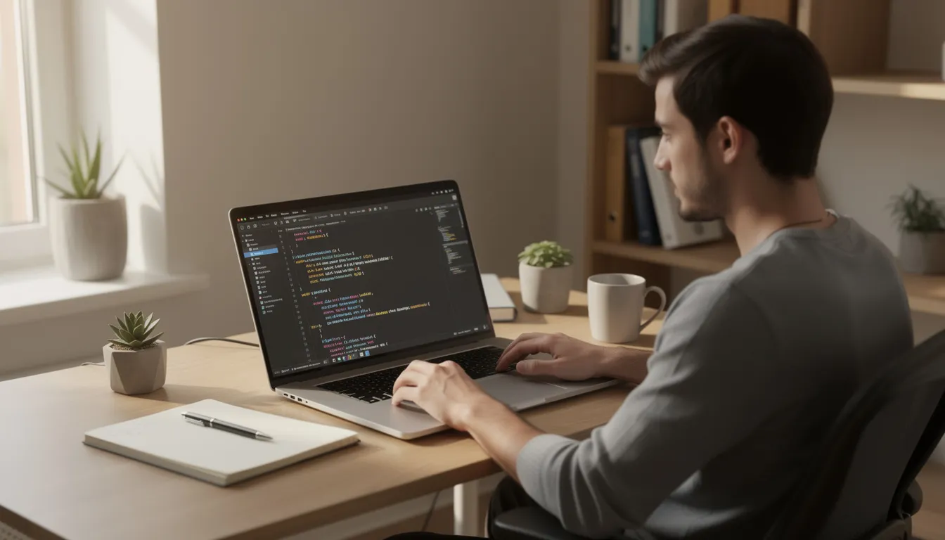A person is focused on their laptop, where lines of code are displayed on the screen, in a calm and organized workspace. The environment suggests an ideal setting for studying AI concepts, utilizing various study tools and materials for effective learning.