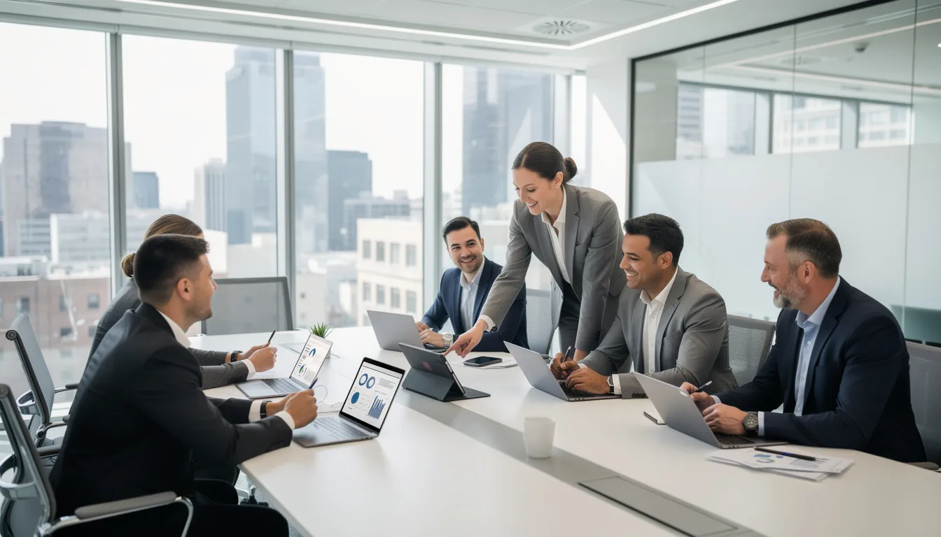The image depicts a diverse group of professionals collaborating around a modern conference table in a contemporary office setting, emphasizing teamwork and innovation in the realm of artificial intelligence solutions. They are engaged in discussions that likely involve AI technology and its applications in business strategy and workforce management.
