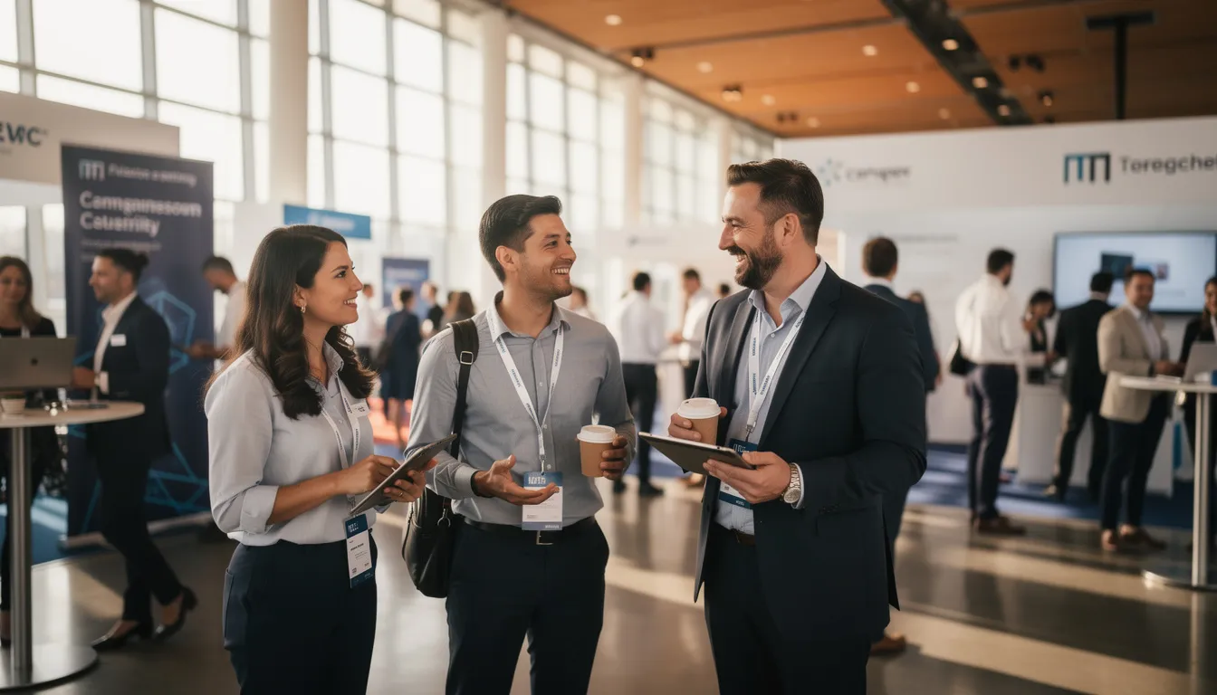 The image depicts a professional networking event at a tech conference, where diverse individuals engage in lively conversations about artificial intelligence, data science, and machine learning. Attendees include machine learning engineers and data scientists, exchanging insights on topics like deep learning and data analytics in a collaborative atmosphere.