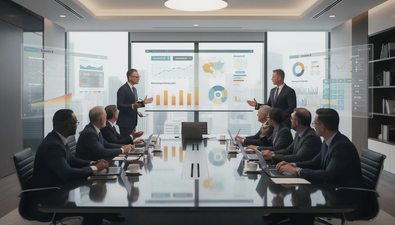 A group of business executives is engaged in a strategic meeting, analyzing scenario data displayed on digital screens that highlight the impact of AI technologies on decision making and efficiency gains across various industries. The atmosphere is focused, as senior leaders discuss the implications of AI adoption and its role in fostering innovation and achieving business goals.