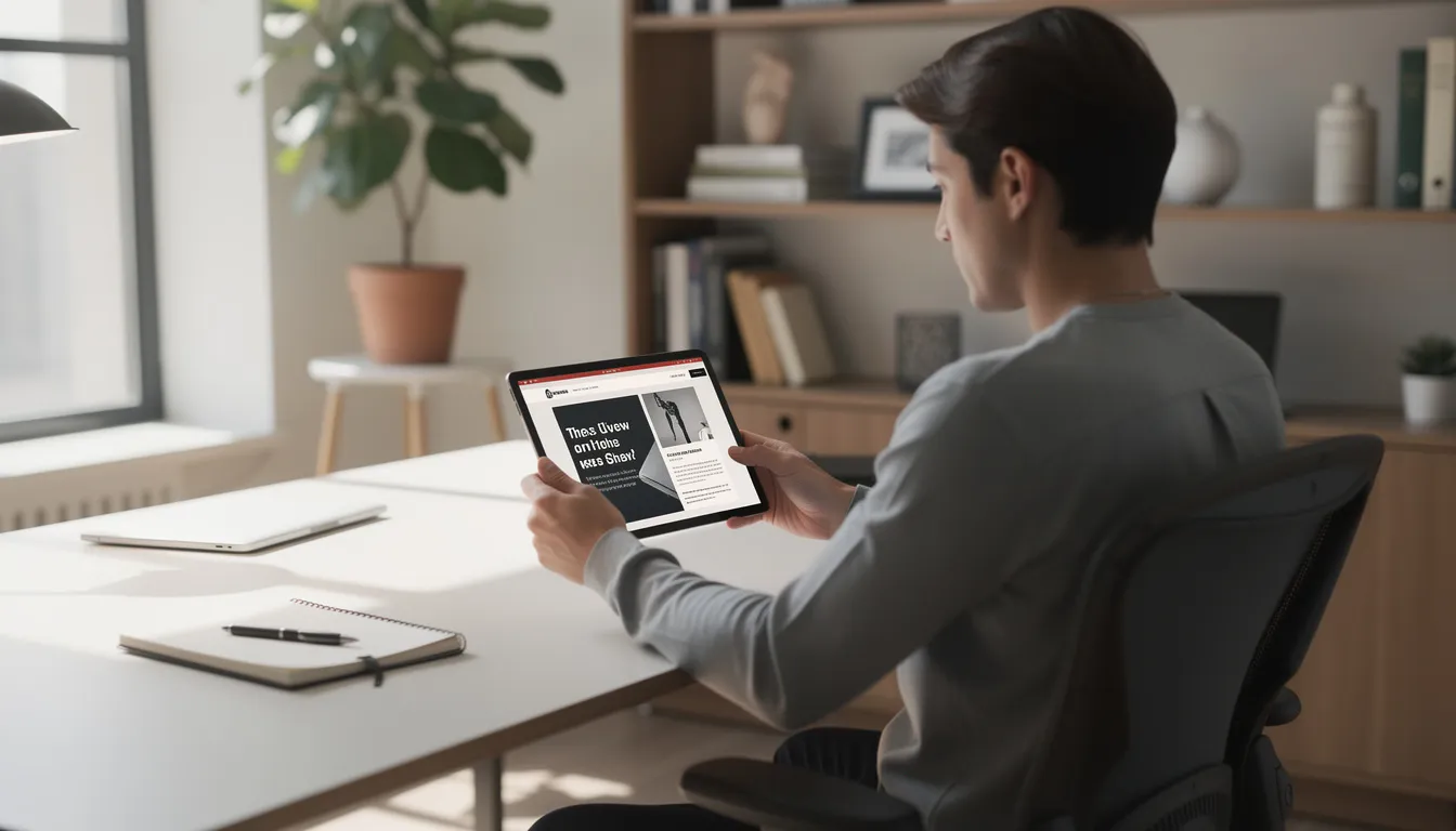 A person is calmly reading news on a tablet in a modern workspace, surrounded by sleek furniture and a minimalistic design. The setting reflects a focus on productivity and technological integration, highlighting the importance of artificial intelligence and data science in contemporary work environments.