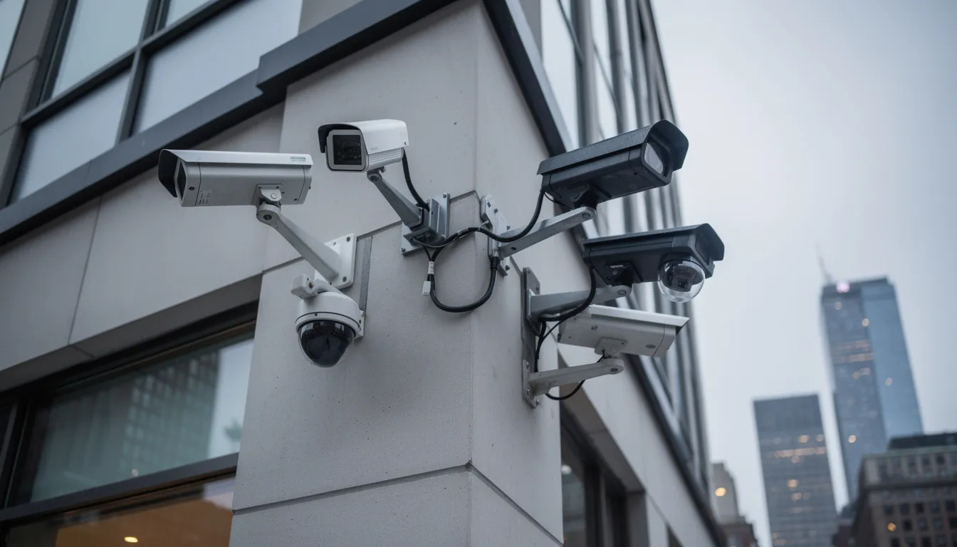 The image depicts surveillance cameras mounted on the exterior of a building, overlooking an urban skyline filled with tall structures and a clear sky. This scene raises concerns about data privacy and the potential dangers of artificial intelligence in everyday life, as such surveillance systems can collect personal data and pose risks associated with AI technology.