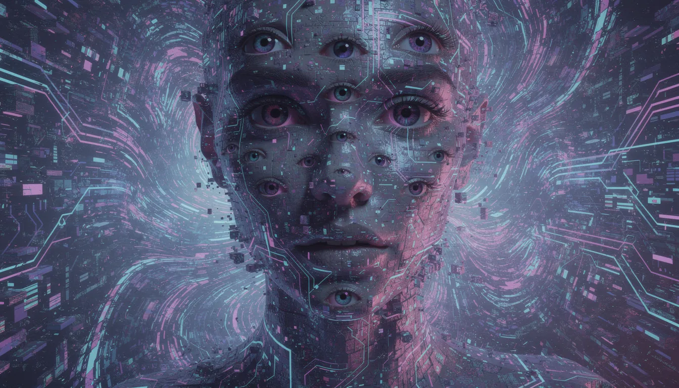 A surreal distorted face emerges from vibrant digital patterns, featuring multiple eyes and swirling colors that evoke a sense of otherworldly beauty, reminiscent of themes found in sci-fi movies. This image reflects the intersection of human creativity and artificial intelligence, showcasing the intriguing outputs of generative AI and machine learning.