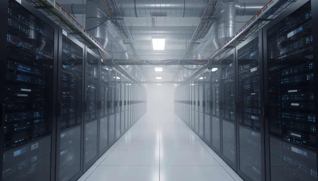 The image depicts a modern data center filled with rows of sleek servers and advanced cooling systems, essential for supporting artificial intelligence (AI) technologies and machine learning applications. This high-tech environment is designed to analyze vast amounts of data and power complex AI models, showcasing the backbone of contemporary AI research and development.