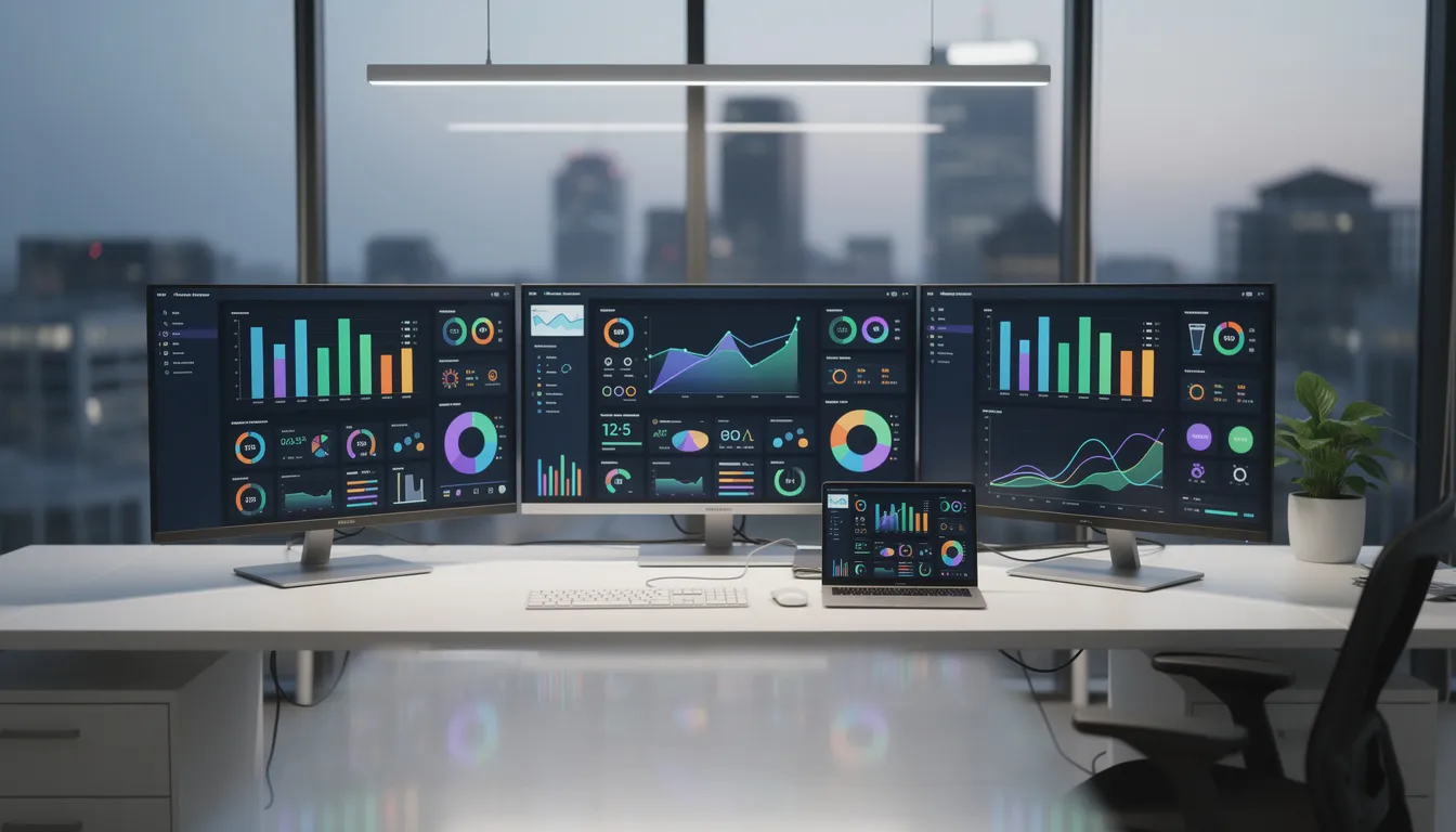 The image showcases a modern office workspace featuring multiple computer screens, each displaying vibrant data charts and dashboards, indicative of advanced data analysis and business analytics. This setup highlights the integration of AI tools, showcasing how professionals leverage AI technology for data visualization and improved decision-making in their business operations.