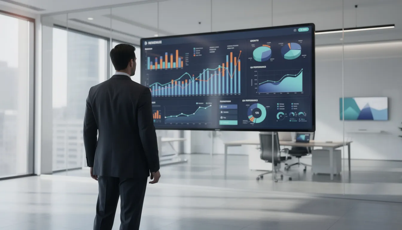 A business professional is intently viewing data visualizations on a large modern screen in an office, utilizing AI-powered business intelligence tools for data analysis. The visualizations display key performance indicators and predictive analytics, aiding in decision-making and providing deeper insights into business metrics and trends.